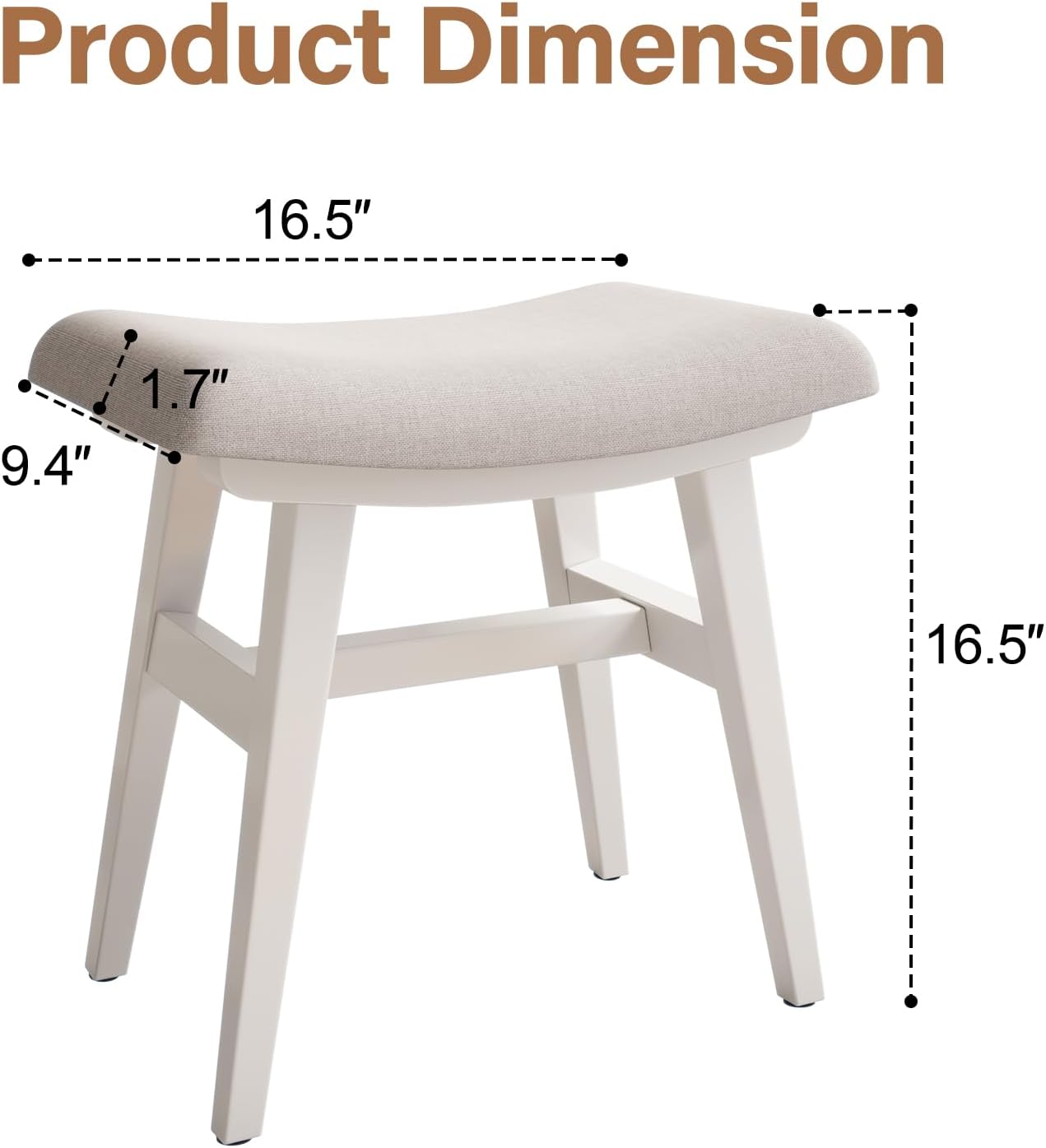 Solid Wood Small Vanity Stool, Compact Makeup Chair with Saddle Cushion, Linen-Covered High Rebound Sponge Seat, Easy Assembly Footstool for Bedroom, Entryway, Home, White