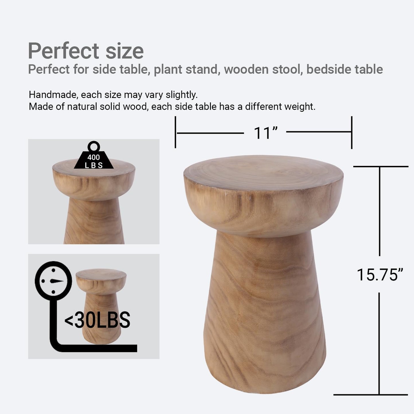 Athaliah Small Rustic Tree Stump Wood Side Table/Stool – 17.75″H Compact Hand-Carved Paulownia Accent Table, Versatile Nightstand & Plant Stand, Farmhouse Style