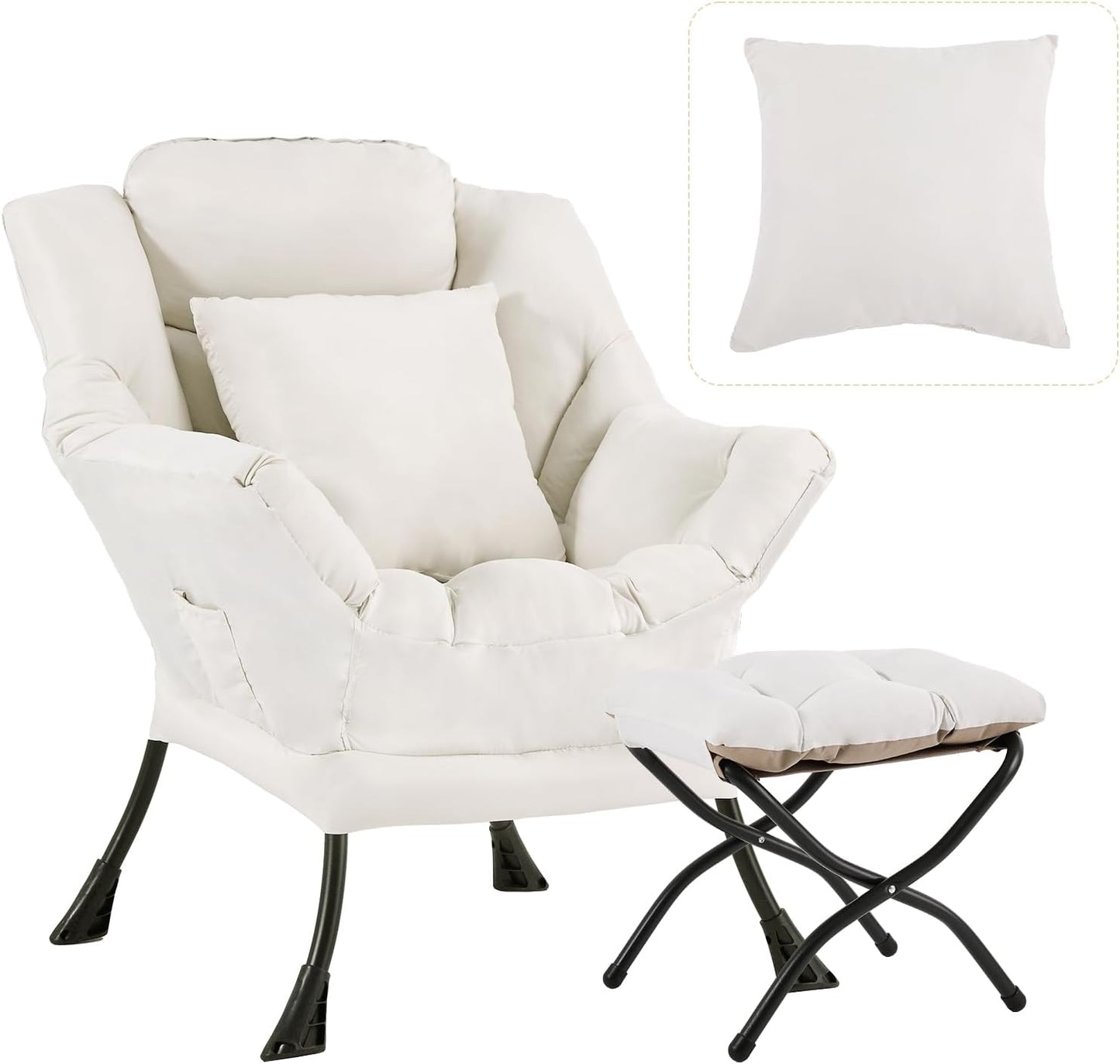 Lazy Chair with Ottoman, Modern Large Accent Lounge Chair with a Pillow, Leisure Sofa Armchair with Ottoman, Reading Chair with Footrest for Bedroom, Living Room, Dorm Room,Peach Beige