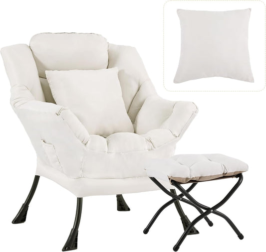 Lazy Chair with Ottoman, Modern Large Accent Lounge Chair with a Pillow, Leisure Sofa Armchair with Ottoman, Reading Chair with Footrest for Bedroom, Living Room, Dorm Room,Peach Beige