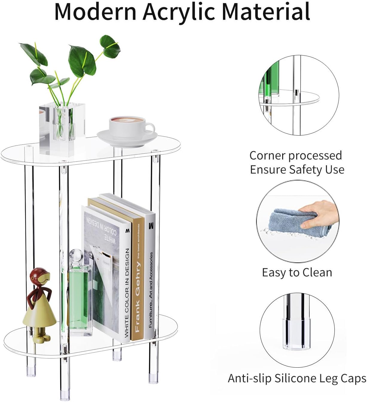Clear Acrylic Narrow Side Table Set of 2 for Small Spaces, 15.75" L x 7.87" W x 19.82" H, 2 Tier Oval Slim End Table Nightstand, Small Skinny Bedside Table for Bedroom, Bathroom, Living Room