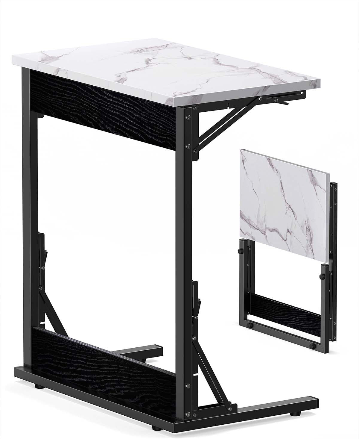 Tatub 24" Folding TV Tray Table, Marble C Shaped End Table for Couch, Small Sofa-Side Laptop Desk with Black Metal Frame for Living Room, Bedroom, Bedside