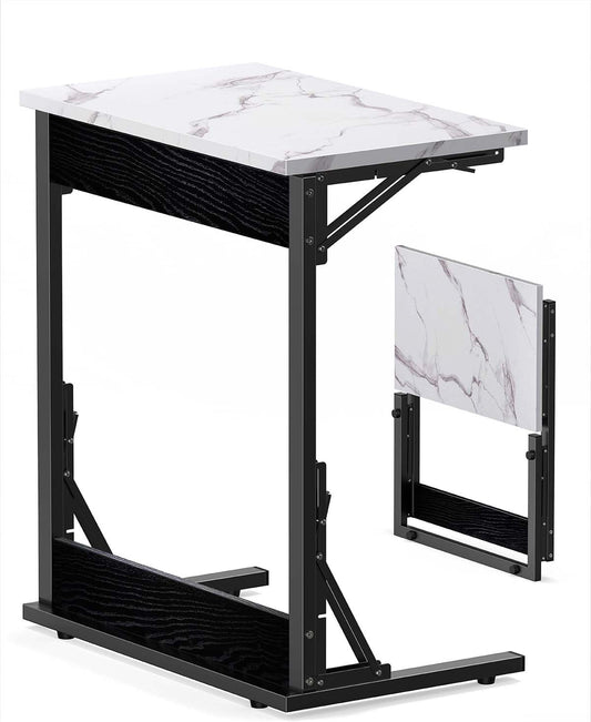 Tatub 24" Folding TV Tray Table, Marble C Shaped End Table for Couch, Small Sofa-Side Laptop Desk with Black Metal Frame for Living Room, Bedroom, Bedside