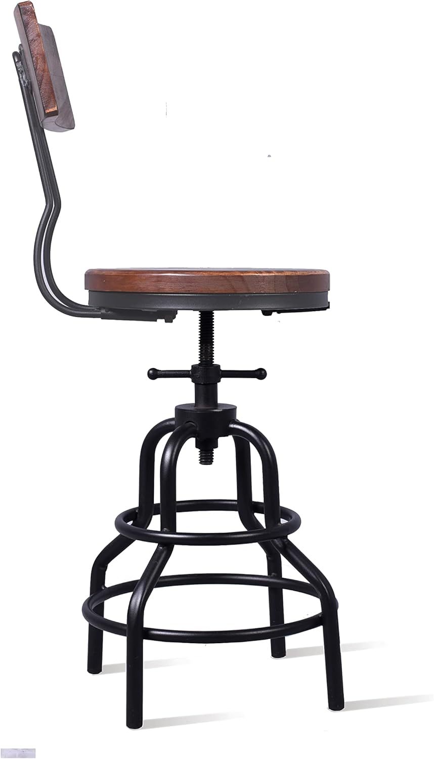 Diwhy Industrial Vintage Counter Stool, Kitchen Counter Height Adjustable Swivel Chair, Metal Frame Stool, with Wood Backrest, 20.47-26.77 Inch, Fully Welded Base, Set of 2