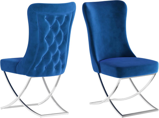 Ottomanson Royal Dining Chairs Set of 2 – Upholstered Tufted Microfiber, Assembled, Silver Metal Legs, Beech Wood Frame, 350 lb Capacity, Blue