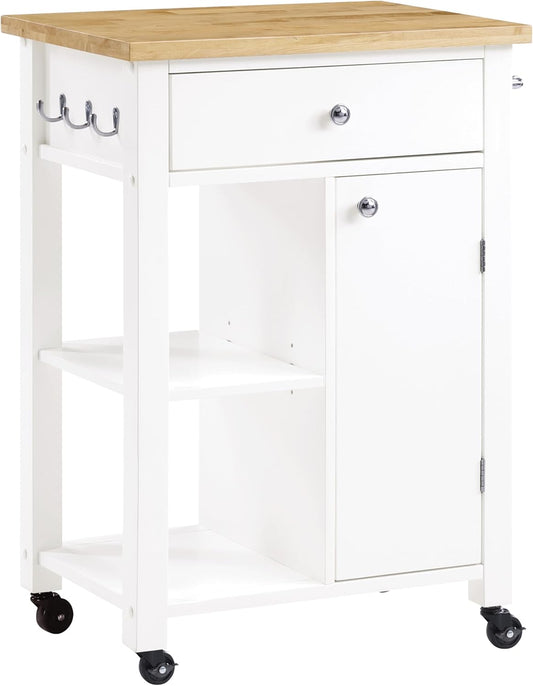 OSP Home Furnishings Derry Modern Farmhouse Kitchen Cart with Natural Butcher Block Top, Rolling Storage Cabinet with Drawer, Shelves, Hooks, White Finish