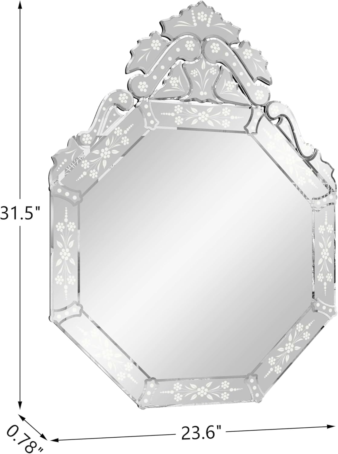 KOHROS Venetian Mirror with Top Crown Arch Floral Etched 32 x 24 Inch Octagonal Bathroom Mirror for Over Sink Frameless Beveled Edge Wall Mirror for Bathroom Vanity Entryway Bedroom