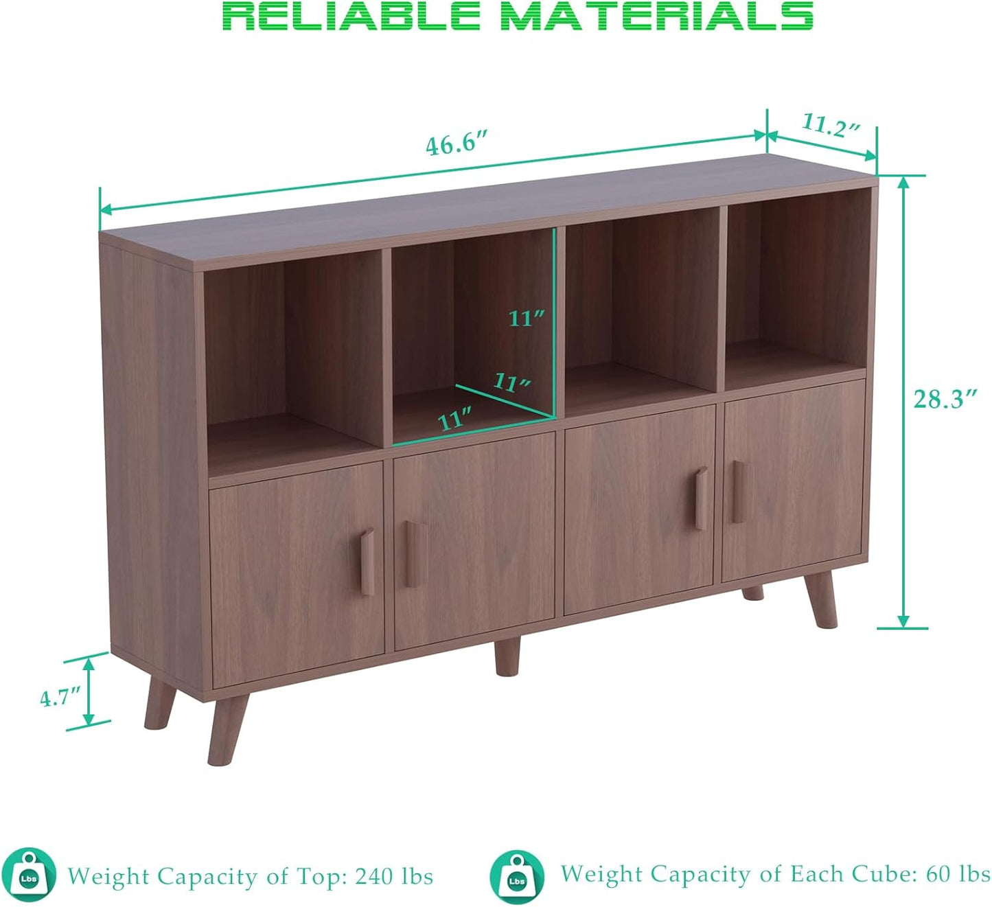 Cubby Shelf Bookcase with Doors - Wooden 8 Cubes Floor Standing Open Bookshelf with Solid Wood Legs, 2-Tier Low Storage Cabinet, Walnut