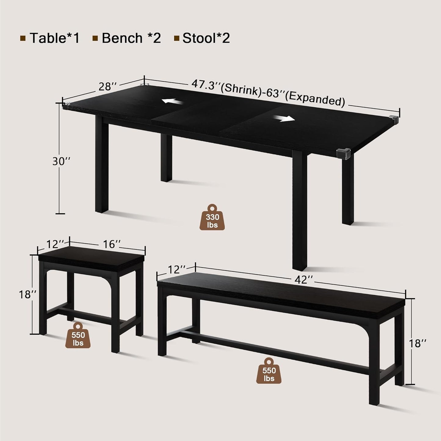5-Piece Dining Table Set for 4-6, 63" Extendable Kitchen Table with 2 Benches & 2 Stools, Metal Frame & MDF Board, Farmhouse Space-Saving Dinette for Kitchen, Dining Room, Black