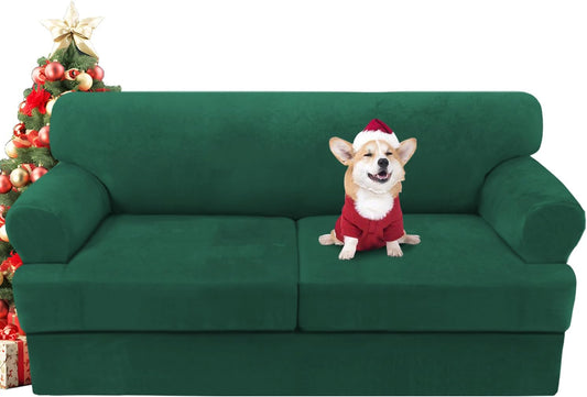 H.VERSAILTEX Sofa Cover 3 Piece T Cushion Loveseat Slipcovers Thick Velvet Couch Cover Stretch T Cushion Sofa Covers for 2 Cushion Couch with 2 Individual T Cushion Covers, Vintage Green