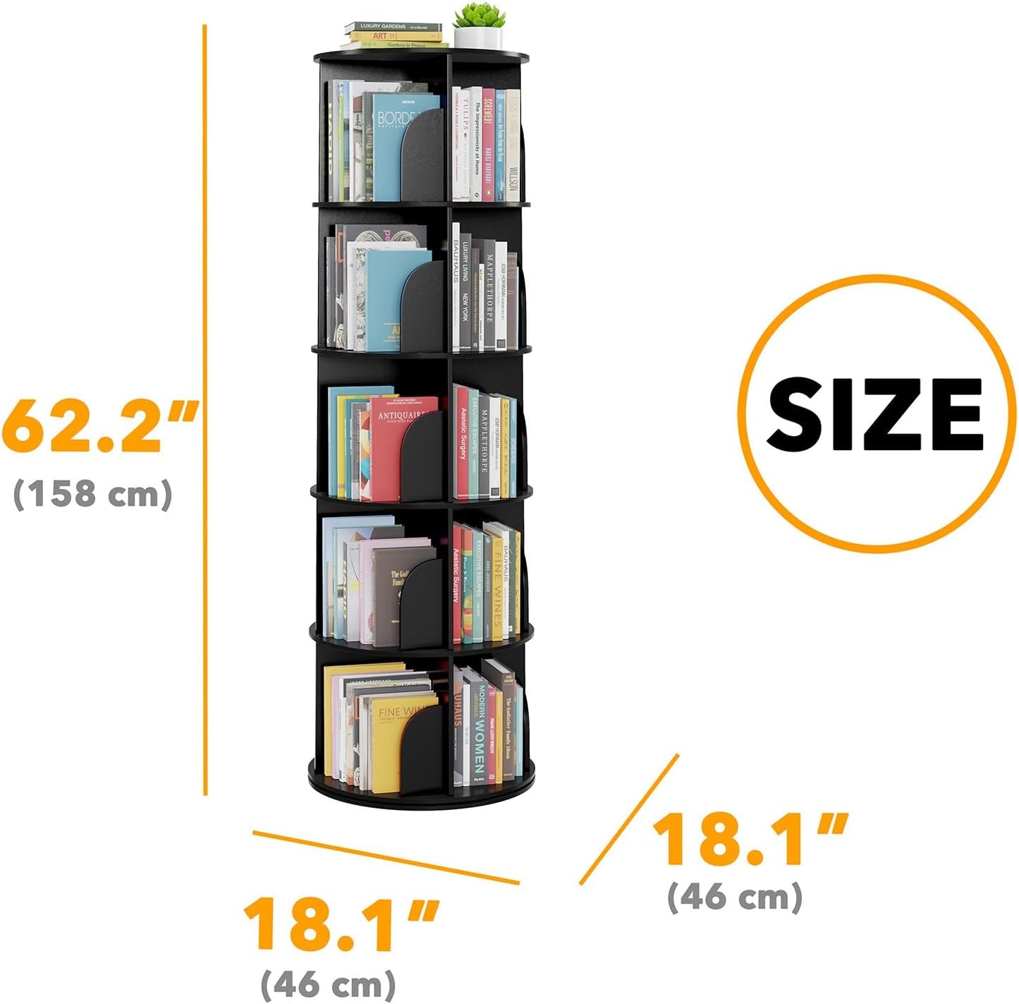SpaceAid 5 Tier Rotating Bookshelf Tower, Spinning Bookcase Lazy Susan, Revolving 360 Book Shelf Storage Round Carousel, Vertical Rotate Turning Spiral Corner Organizer, Black