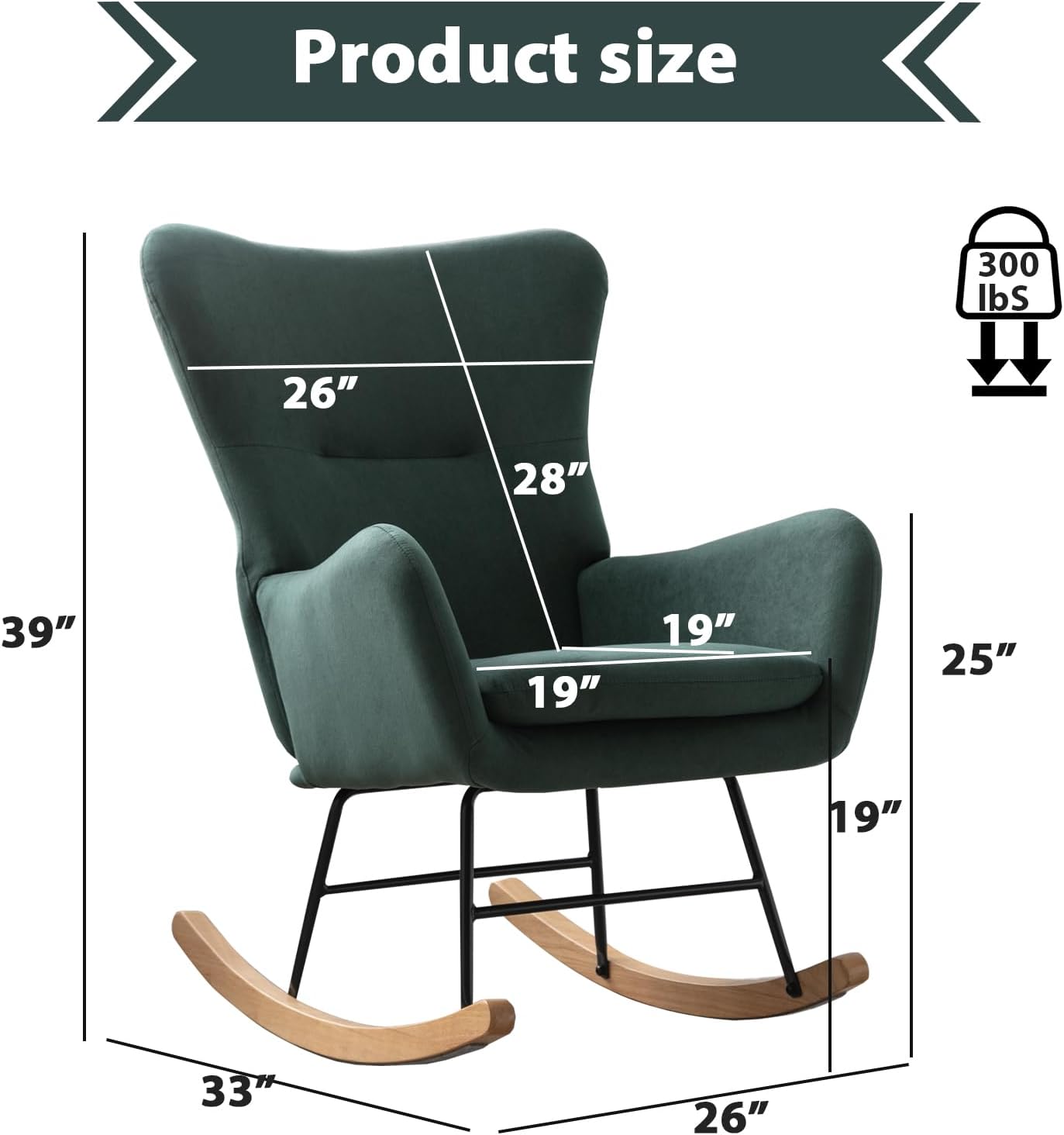 Phoenix Home Rocking Chair Nursery Velvet Upholstered Glider Rocker Rocking Accent Chair Padded Seat with High Backrest Armchair Comfy Side Chair for Living Room Bedroom Offices, Green