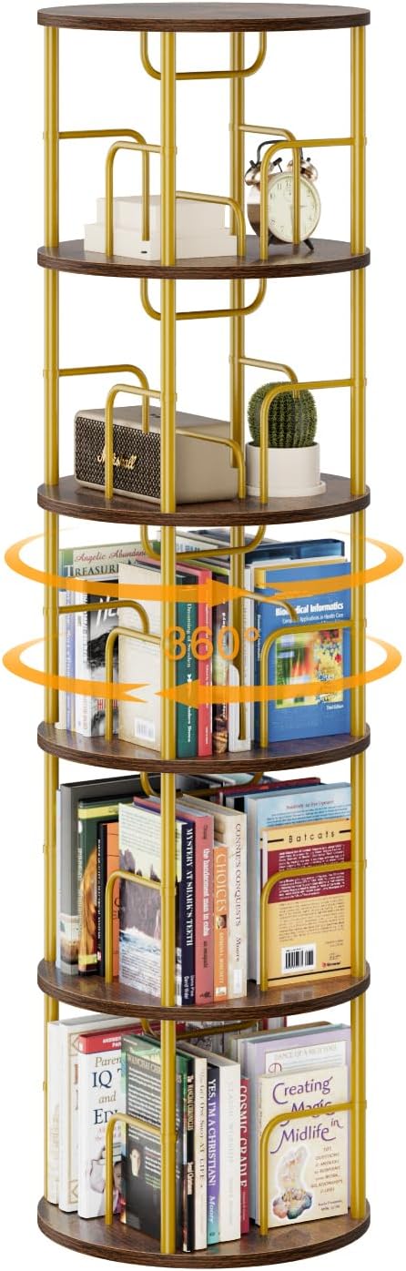 5 Tier Rotating Bookshelf, 360 Display Spinning Corner Bookshelf, Space-Saving Metal Frame Bookcase for Living Room, Office, Bedroom, Gold