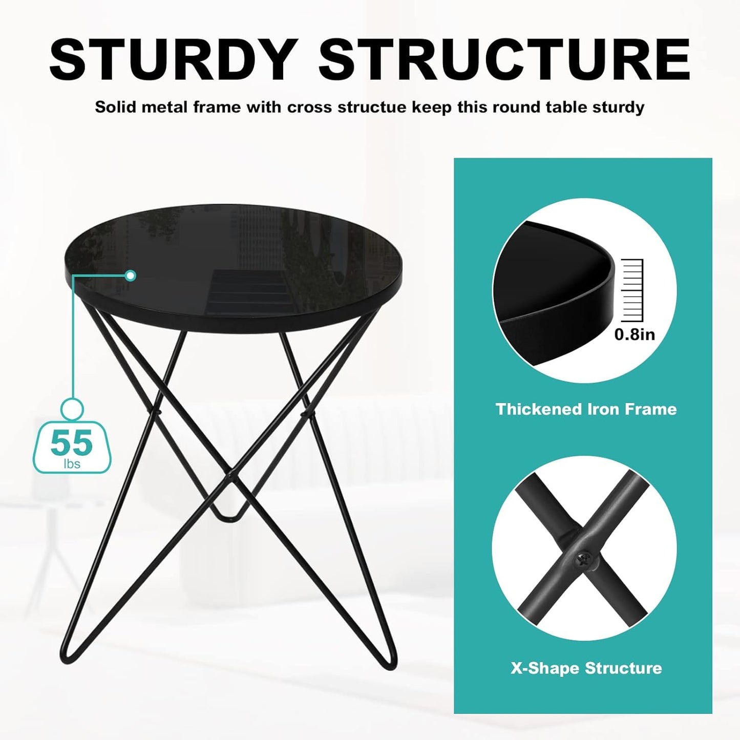 HLR Modern Round Side Table, End Table with Marble Effect Top and Gold Metal Frame, Small Side Table for Living Room, Bedroom, Sofa and Couch, Black Legs, Black Glass top