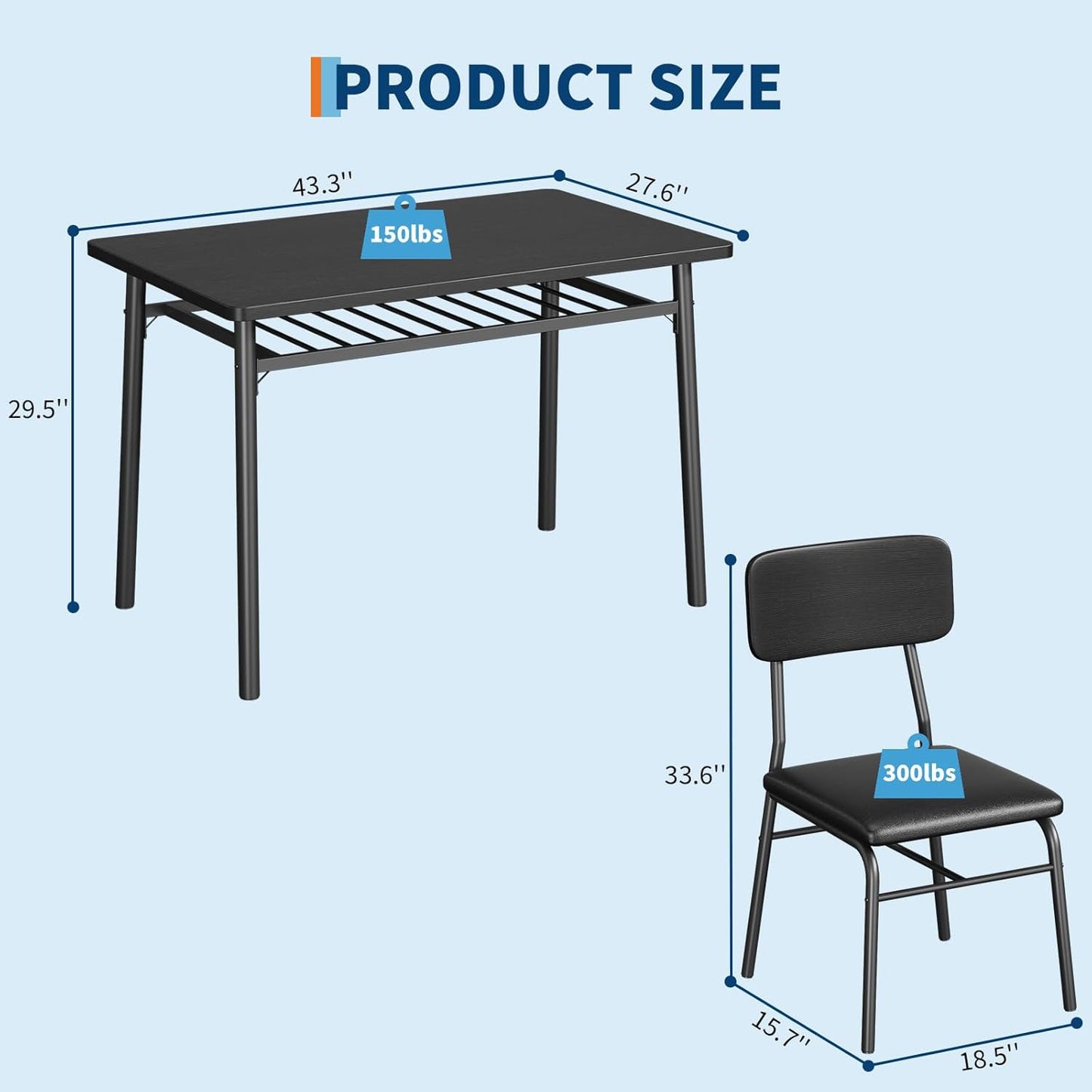 GarveeHome Dining Table Set for 4 with Storage Rack, 5-Piece Kitchen Table and Upholstered Chairs of 4, Wood Tabletop & Heavy-Duty Metel Frame, Dining Room Set for Small Space, Apartment, Black