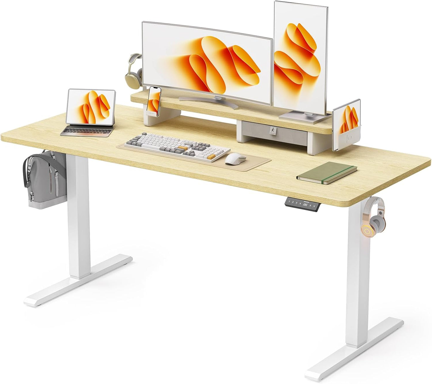 63x24 Inches Electric Standing Desk with Drawer and Monitor Stand, Height Adjustable Sit to Stand up Desk for Home Office, Ergonomic Computer Table with Phone Holder, 3 Hooks, Oak