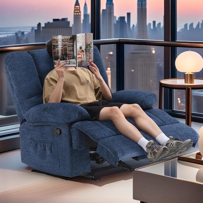 Oversized Rocker Recliner Chair, Wide Rocker Chair with Adjustable Backrest Footrest, Oversized Recliner for Adults, Reclining Sofa for Living Room, Navy