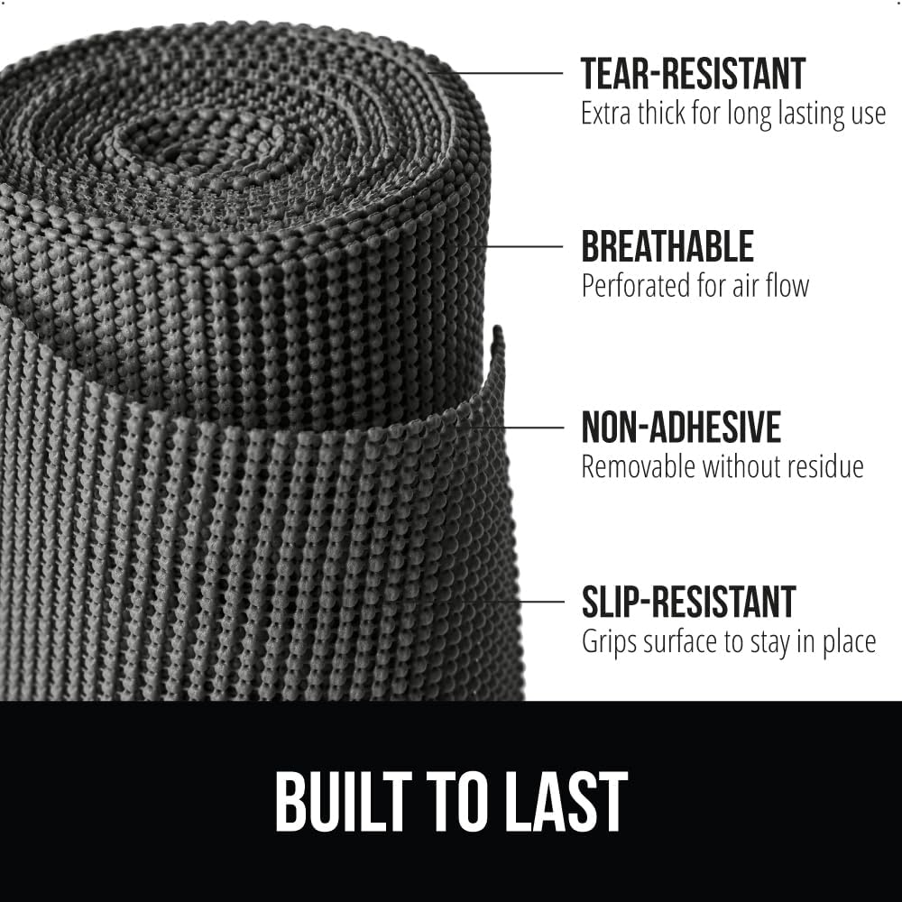 GORILLA GRIP powerGRIP Drawer Shelf and Cabinet Liner, Thick Strong Hold, Non-Adhesive Liners Protect Kitchen Cabinets and Cupboard, Bathroom Drawers, Easy Install, Breathable Mat, 17.5" x10' Charcoal