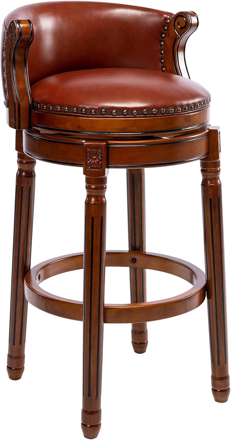 Cow top Leather Wooden Bar Stools, 29.5" Bar Height Bar Chair with Back, 180 Degrees Swivel Barstools Chair for Home Kitchen Counter,Dining Room, Restaurant,Study and Pub,1pc (Brown)