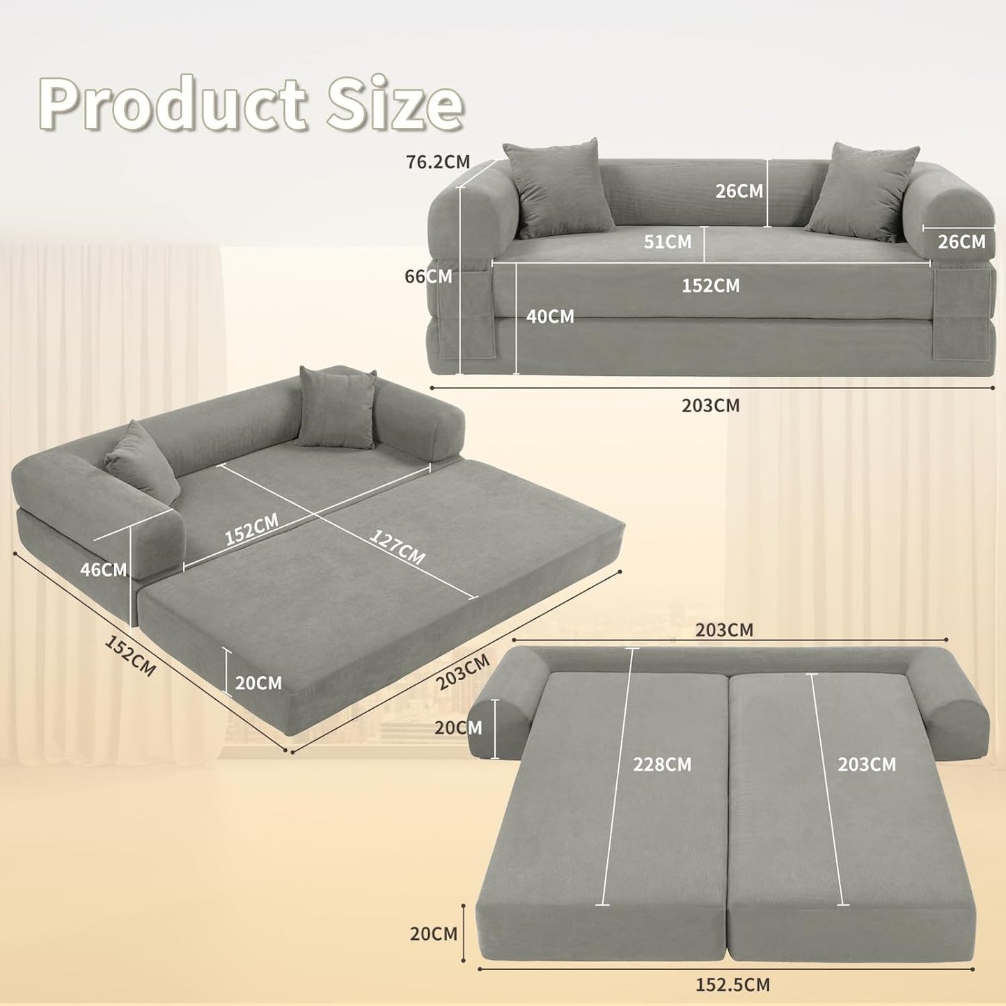 80" Convertible Sofa Bed, 3-in-1 Corduroy Folding Pull Out Couch with Pillows, No Assembly Modern Boneless Couch Compression Sofa in Box, Floor Sofa with Side Storage Pocket for Living Room,Light grey
