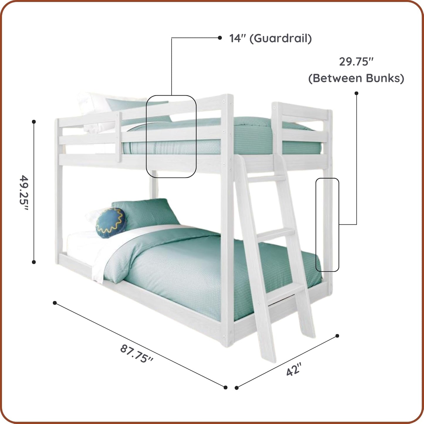 Grain & Grove Bear Twin Over Twin Bunk Bed, Low Bunk Bed Frame for Kids, Bunk with Ladder, Guardrail, and Slats, No Box Spring Required, Brushed White
