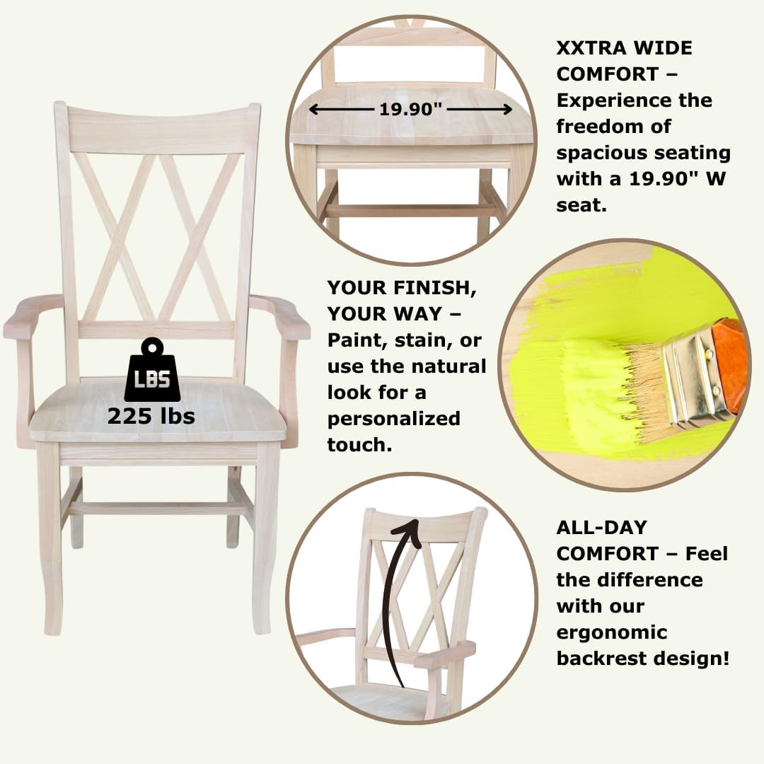 Solid Wood Double X-Back Dining Chair with Arms in Unfinished Parawood, Classic Kitchen/Dining Furniture, Stainable & Paintable, 23.6" W x 22" D x 41.3" H, Wide Arm Width, Traditional & Durable