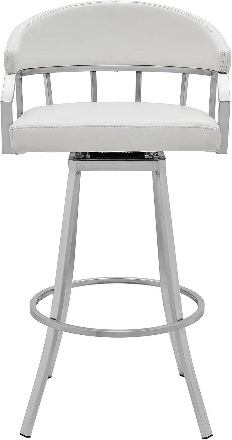 Armen Living Valerie Modern 26" Seat Height White Faux Leather and Brushed Stainless Steel Metal Swivel Bar Stool for Kitchen Island Counter