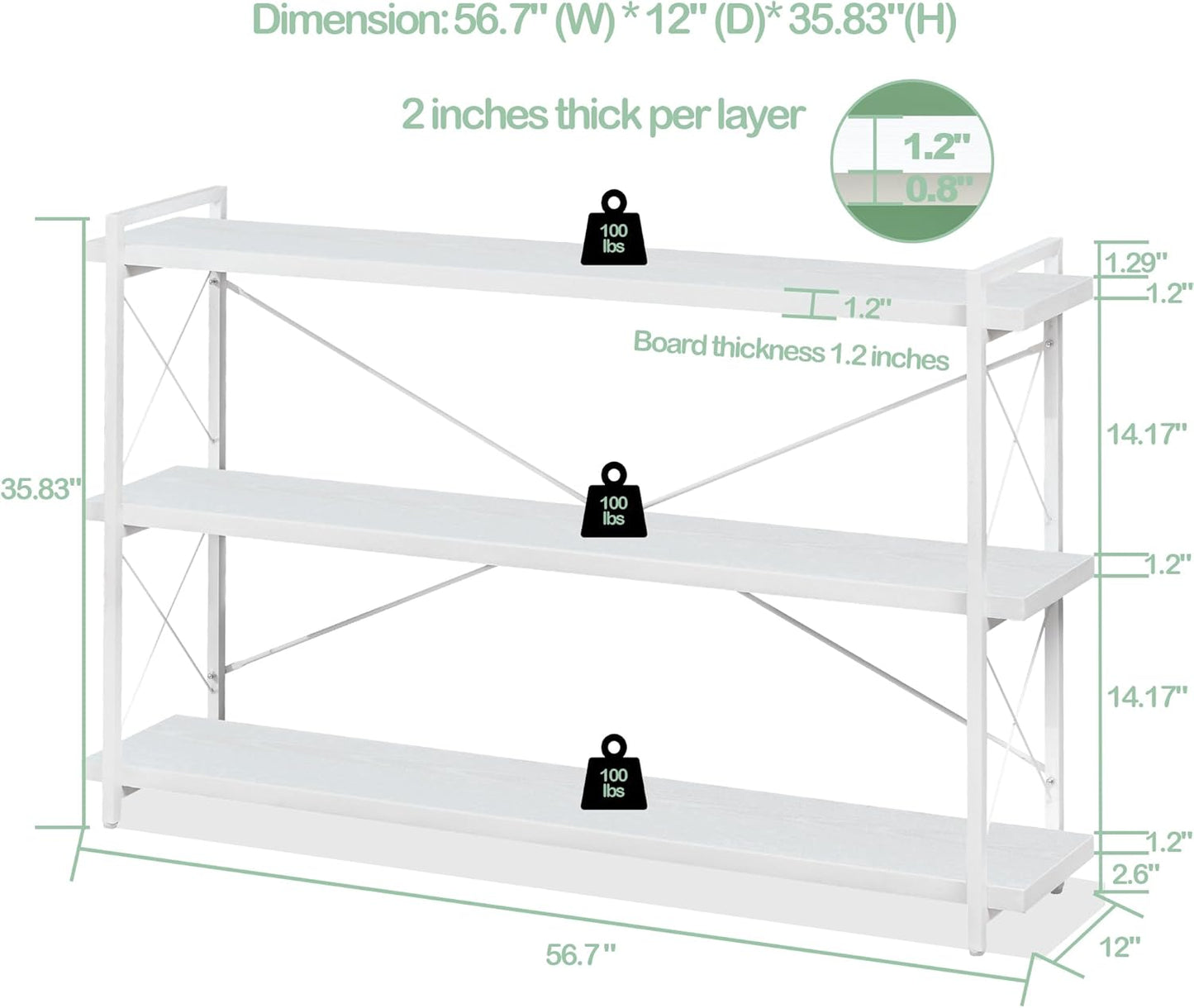 HCHQHS Bookshelf, 3-Tier Long Industrial Bookcase, White Open Book Shelf, Freestanding Horizontal Bookshelves with Metal Frame