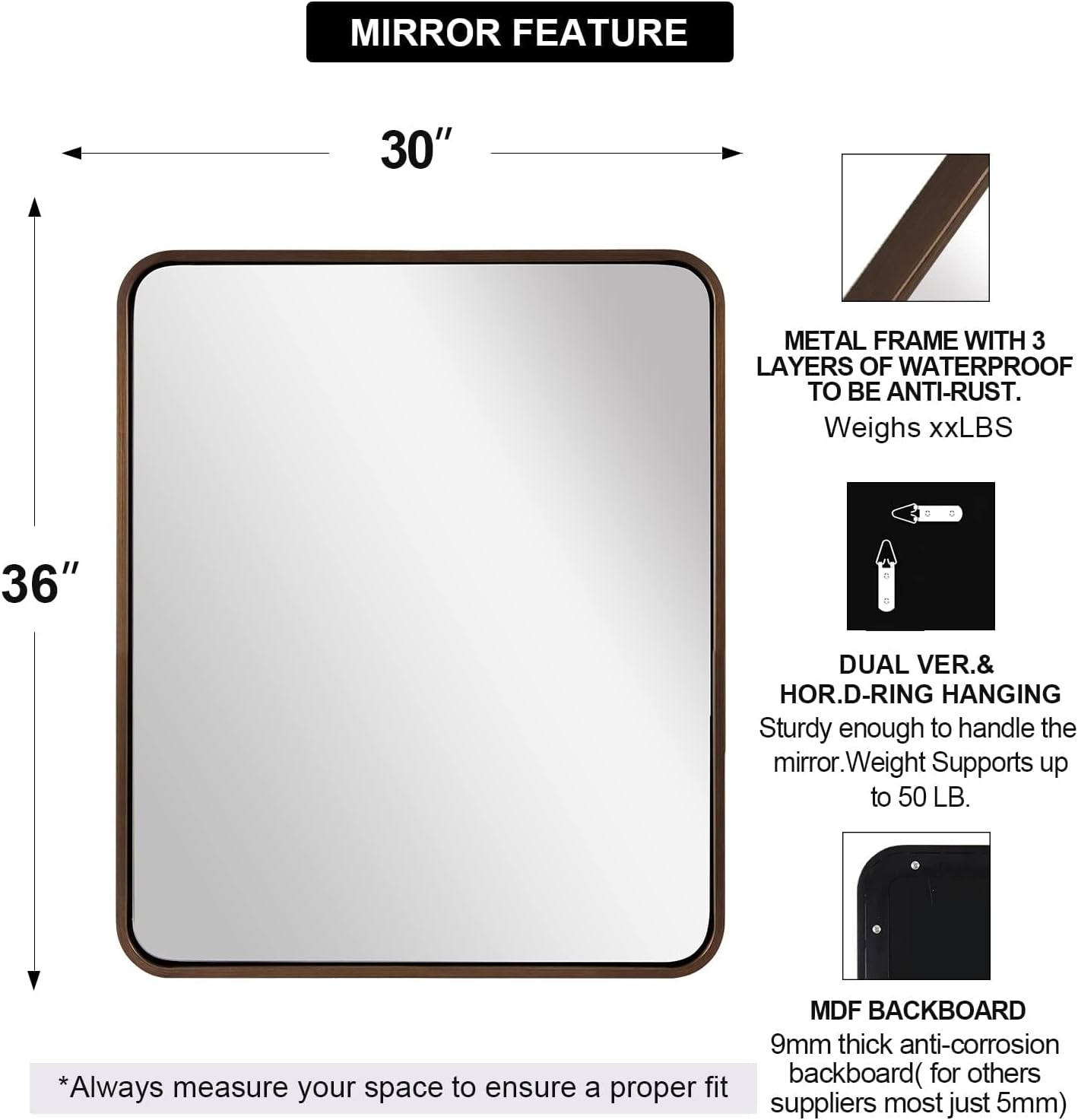 ANDY STAR Bronze Bathroom Mirror, 30x36 Inch Oil Rubbed Bronze Mirror, Bronze Mirrors for Wall, Bronze Vanity Mirror Metal Framed, Iron Tube, 1’’ Deep, Wall-Mounted Horizontally/Vertically