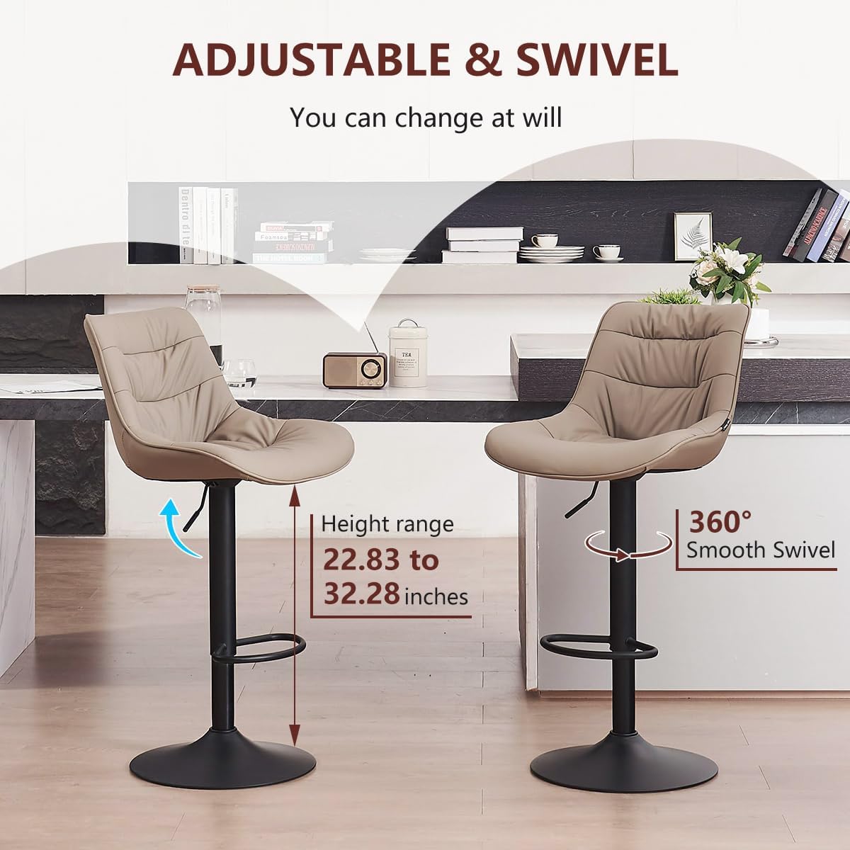 Kidol & Shellder Bar Stools Set of 2 Adjustable Swivel Khaki, PU Leather Upholstered with Back, Modern Counter Height Stools for Kitchen Island, Home Bar