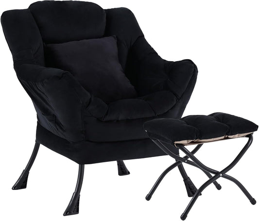 Lazy Chair with Ottoman, Comfy Reading Lounge Chair with Footstool & Throw Pillow Modern with Armrests & Side Pocket for Living Room, Bedroom, Dorm Room, Velvet Black