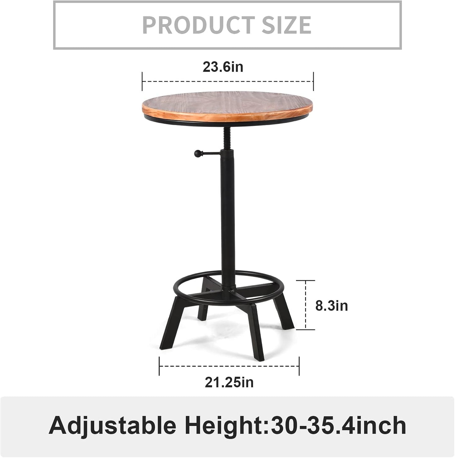 Vintage Bar Table 30-35.4inch Height Adjustable Industrial Bistro Table Retro Dinning Table for Kitchen Coffee House Pub Swivel Wooden Top