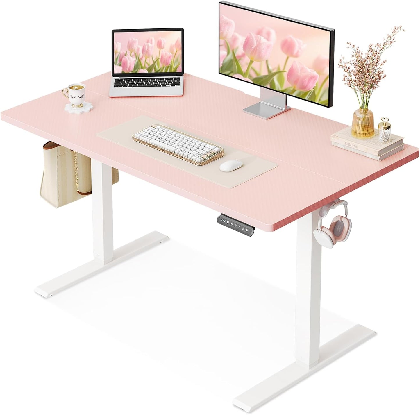 OffiGo Electric Height Adjustable Standing Desk, 40 Inch Pink Computer Desk for Women Girls, Sit Stand Table for Home, Office, Bedroom
