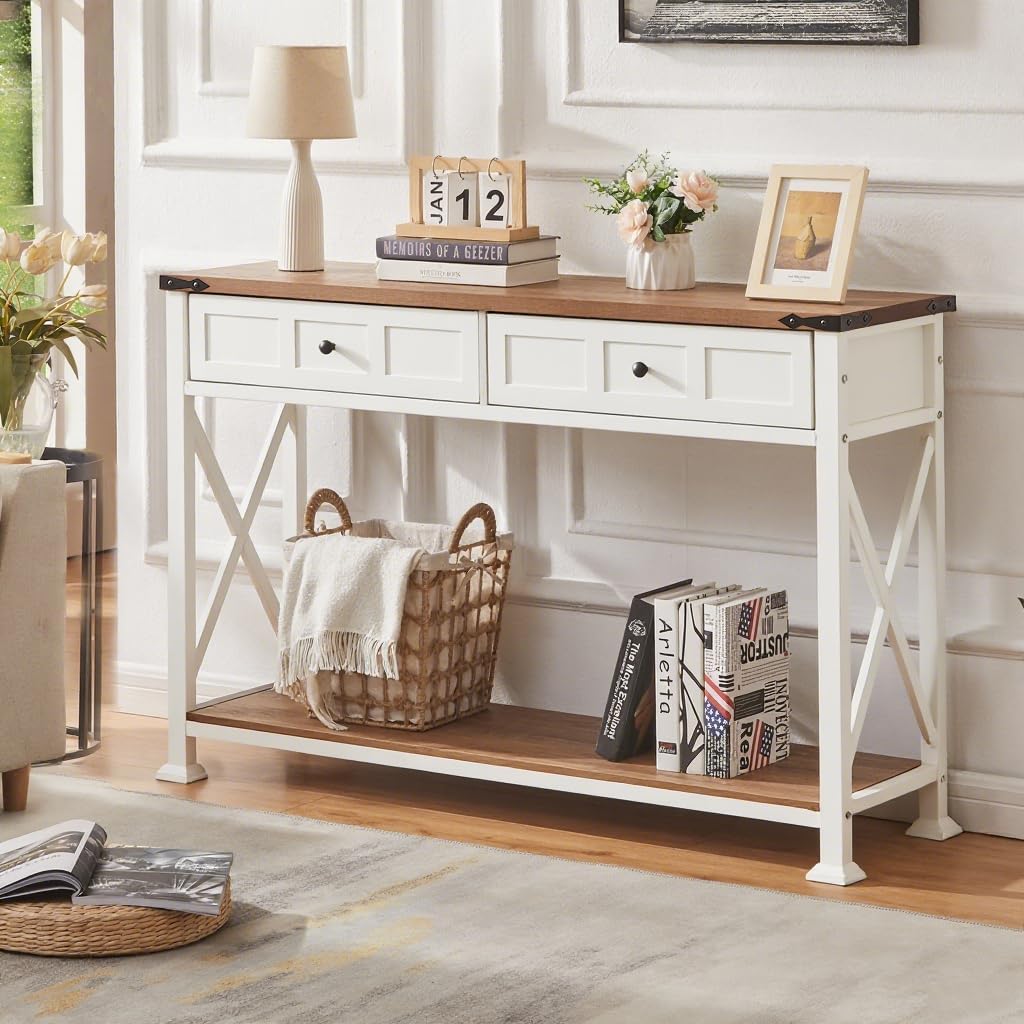 HOMBAZAAR Entryway Table,Rustic Console Table with 2 Drawers, Industrial Console Tables with Storage for Entryway, Hallway, Living Room,White,47 Inch