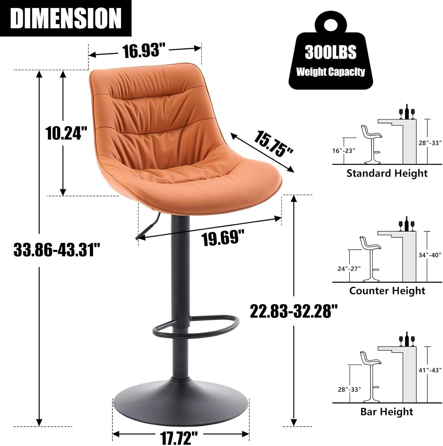 Kidol & Shellder Bar Stools Set of 2 Adjustable Swivel Orange, PU Leather Upholstered with Back, Modern Counter Height Stools for Kitchen Island, Home Bar