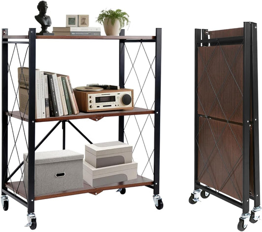 BAOYOUNI 3-Tier Vintage Industrial Bookshelf - No Assembly Folding Storage Shelf with Woodgrain Finish | Collapsible Metal Bookcase for Living Room, Office & Bedroom