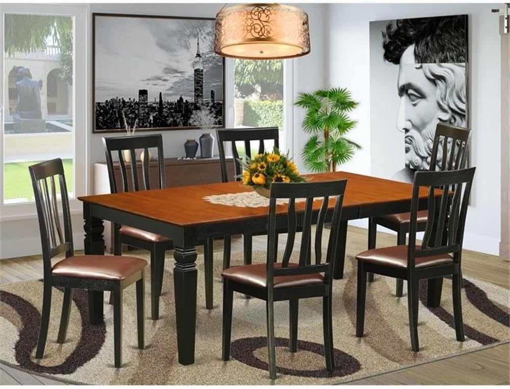 East West Furniture LGAN7-BCH-LC 7 Piece Dining Room Table Set Consist of a Rectangle Wooden Table with Butterfly Leaf and 6 Faux Leather Kitchen Dining Chairs, 42x84 Inch, Black & Cherry