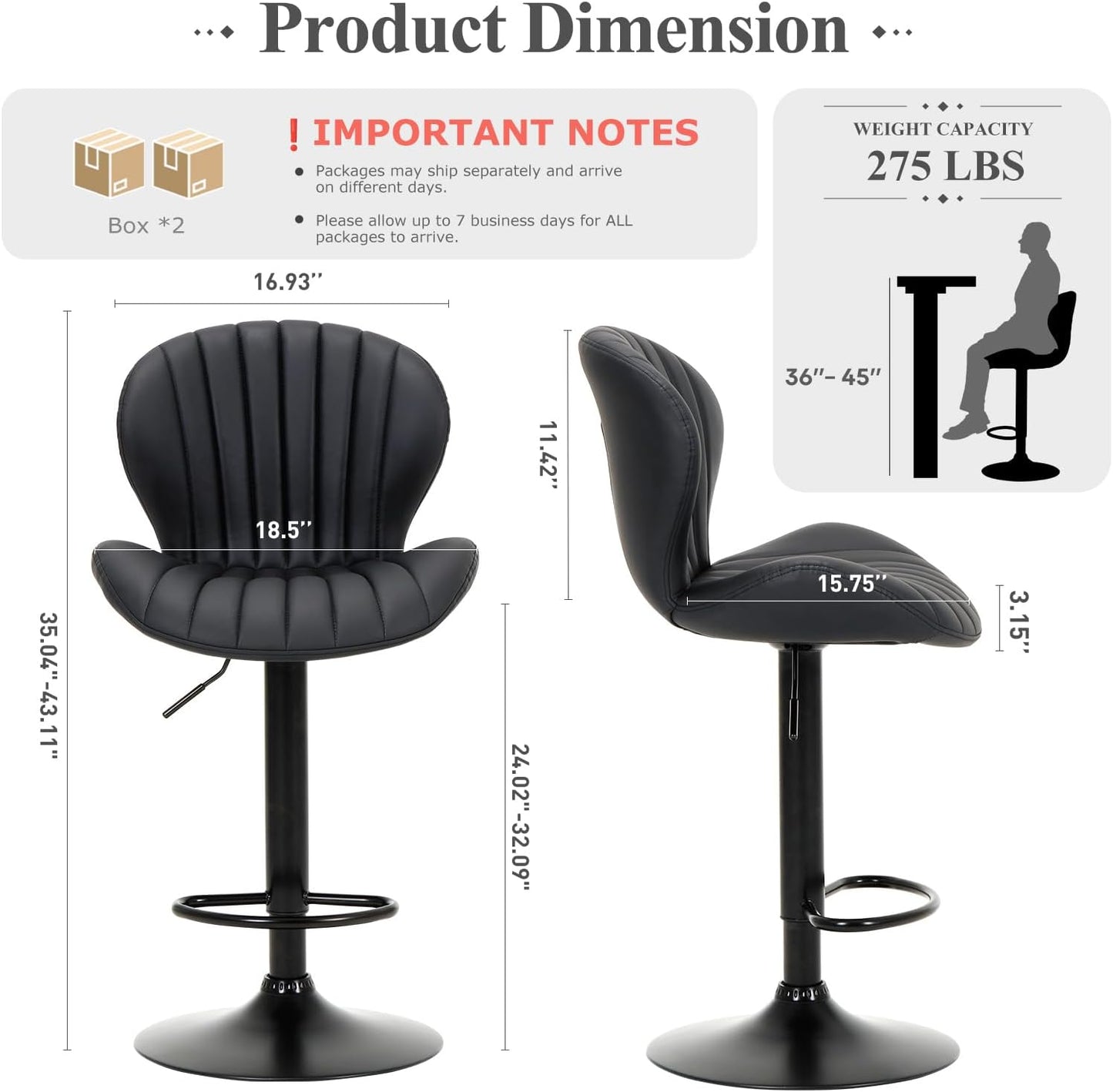 COLAMY Bar Stools Set of 4, Modern Swivel Bar Chairs, Adjustable Faux Leather Upholstered Barstools Counter Height with High Backrest for Bar, Kitchen Island, Dining Room, Black