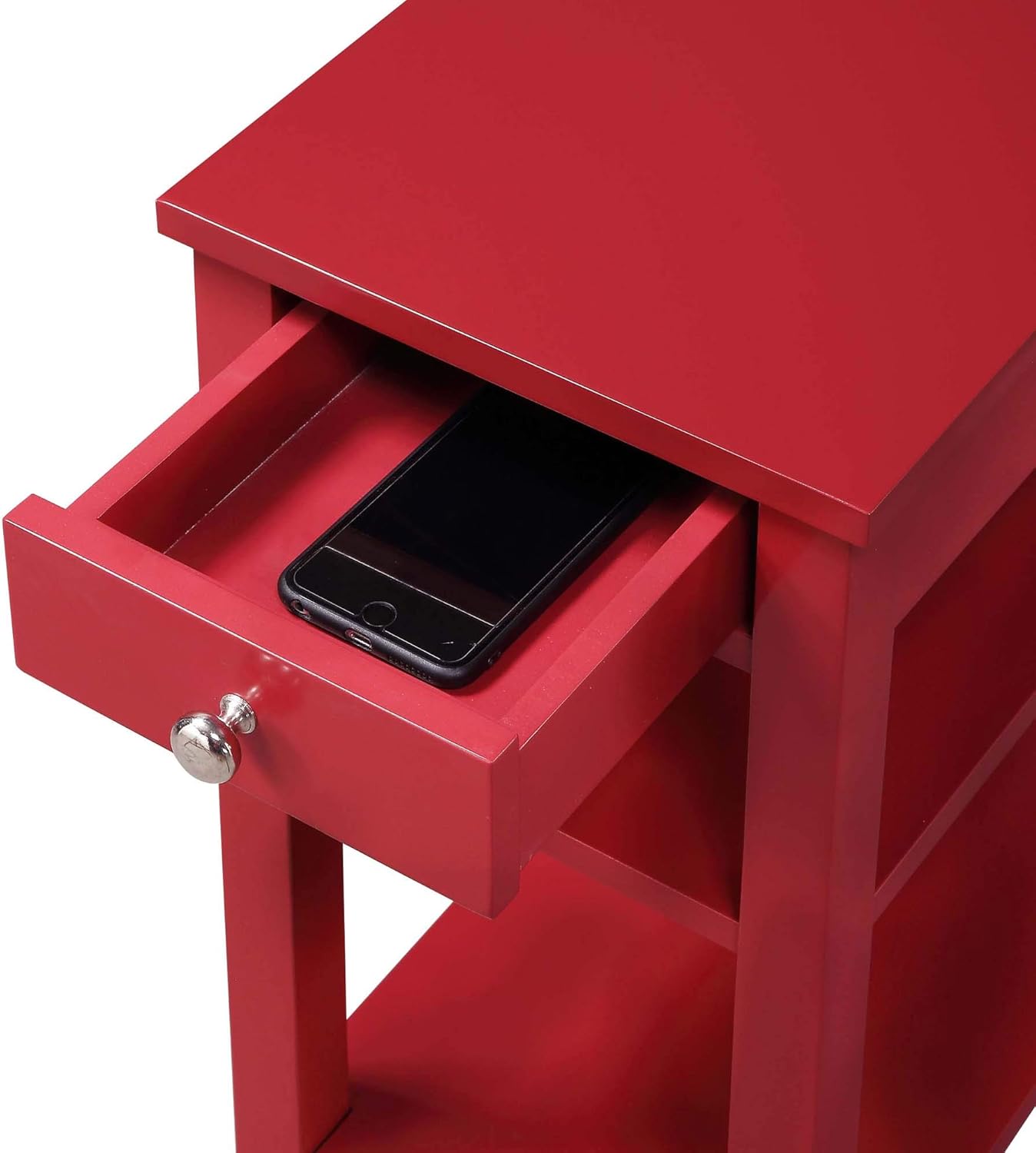 Convenience Concepts American Heritage Chairside End Table with Drawer 23.5" - Classic Living Room Table with Storage Shelf, Bedroom Nightstand, Cranberry Red