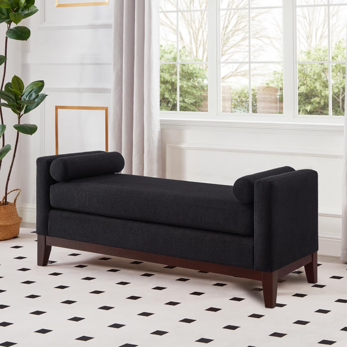 24KF Large Upholstered Boucle Fabric Ottoman with Pillows,Comfort Padded Window Bench for Living Room,Entryway Bench,5095-Black