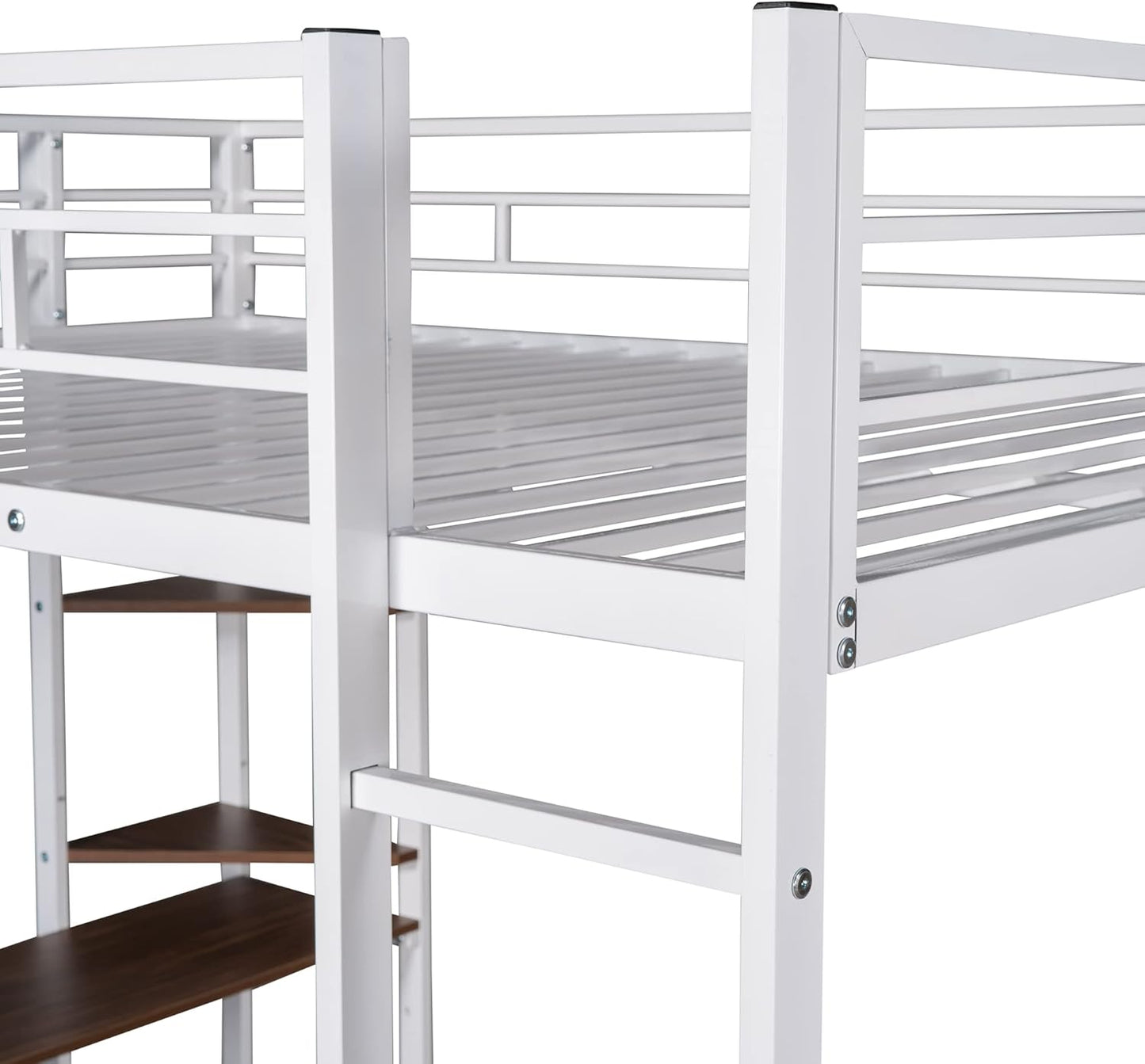 Full Size Metal Loft Bed with 2 Storage Shelves and 1 Desk,Steel Structure Bed Frame W/ 2 Build-in Ladders & Full-Length Guardrails,No Box Spring Needed,for Kids Teens Adults,White