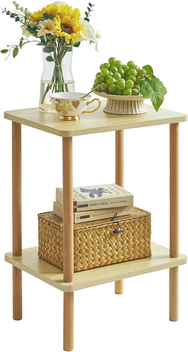 IBUYKE 2-Tier Side Table, Solid Wood Tall End Table with Storage Shelves, Nightstand Bedside Table for Living Room Bedroom Office, No-Tool Assembly, Light Natural UWST002S