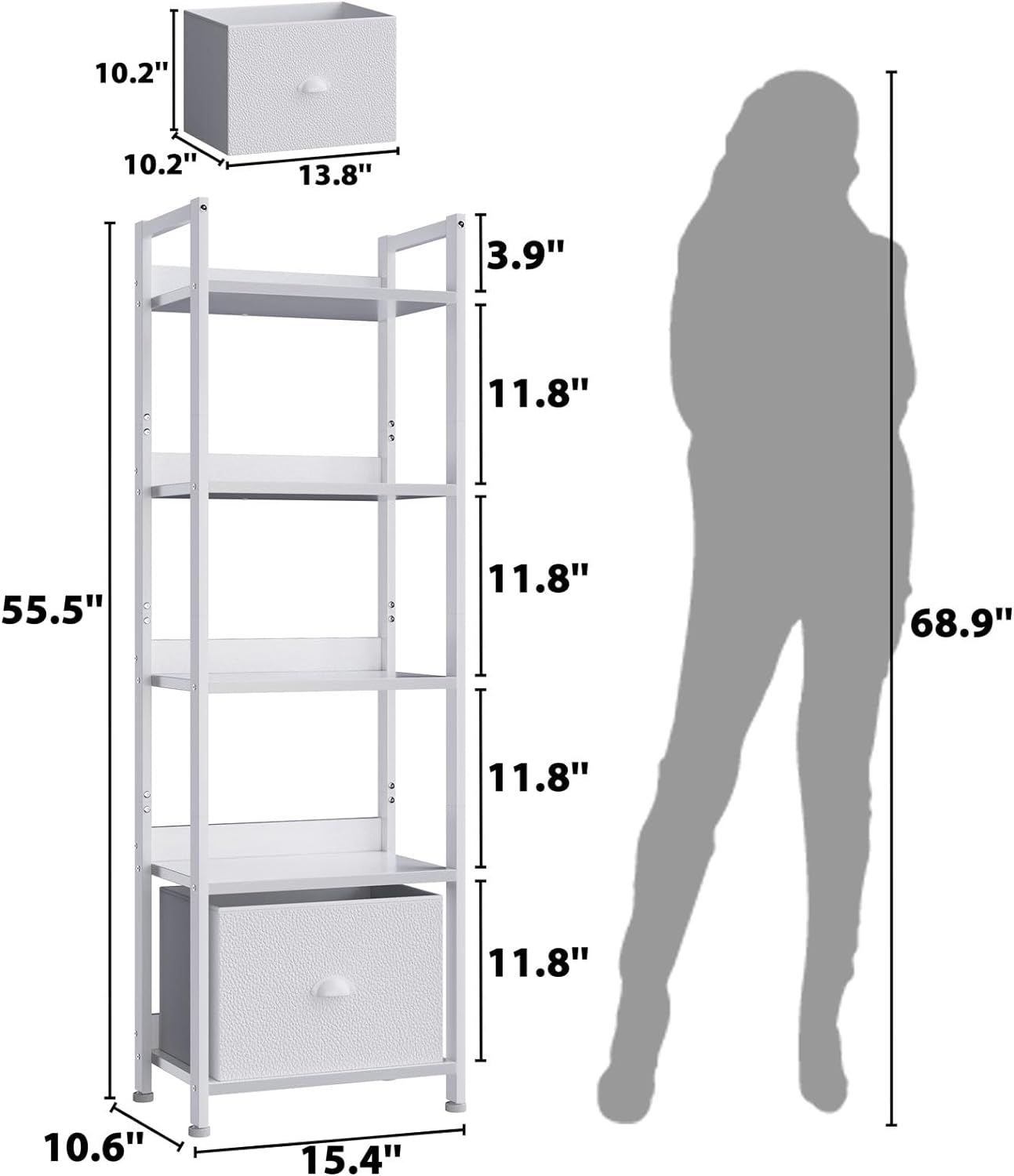 Furologee 5 Tier Bookshelf with Drawer, Tall Narrow Bookcase with Shelves, Wood and Metal Book Shelf Storage Organizer, Modern Display Standing Shelf Unit for Bedroom, Living Room, Office, White