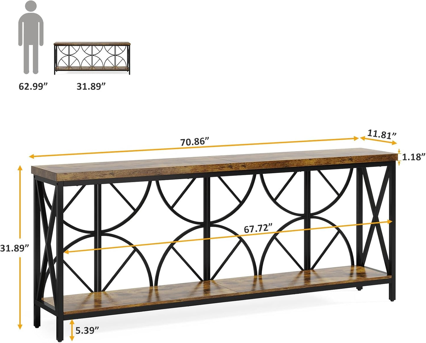 70.9-Inch Extra Long Sofa Table, Narrow Console Table Behind Couch with Storage for Entryway, Living Room, Entrance, Hallway, Foyer, Unique Geometric (Rustic Brown)