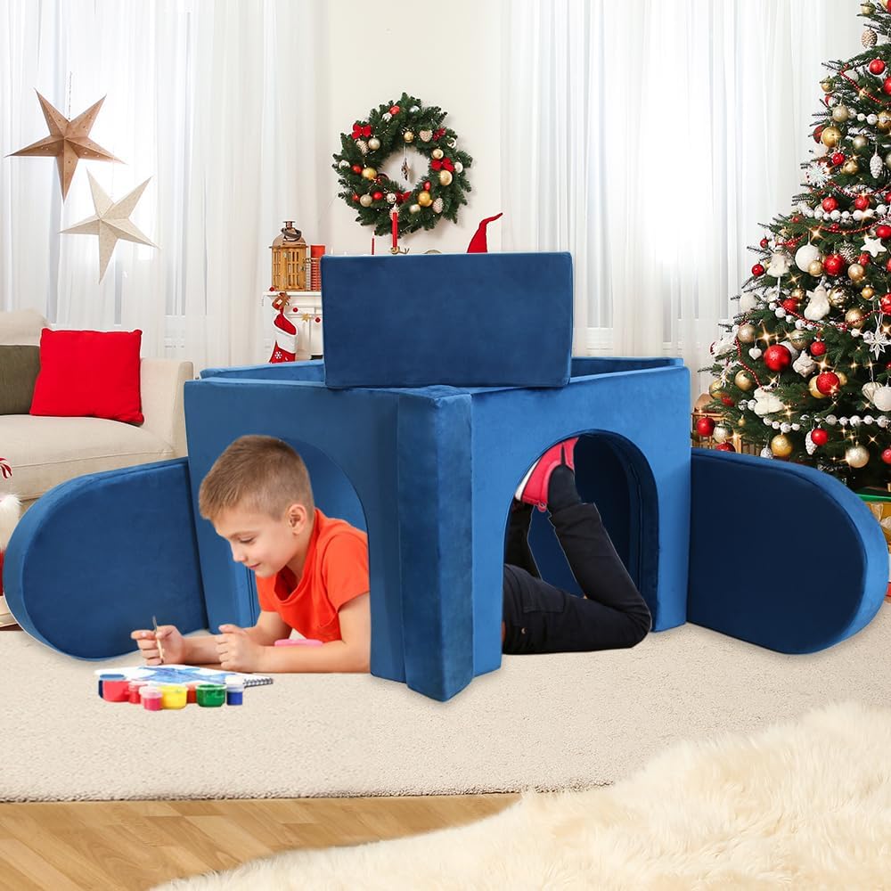 Modular Kids Play Couch Convertible Building Fort Sofa and Cushion 10Pcs Child DIY Floor Sofa for Sleeping Playroom Bedroom for Boys and Girls (Blue)