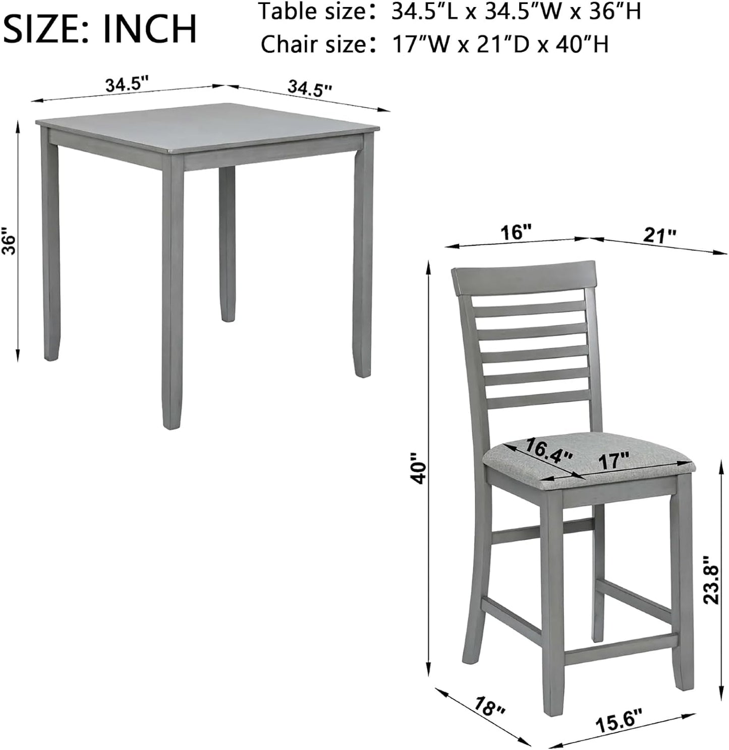 Dining Table Set for 4, Modern 5 Piece Dining Room Table Set with Square Table & 4 Ladder Backrest Upholstered Chairs, Counter Height Kitchen Chairs Set for Small Space, Gray
