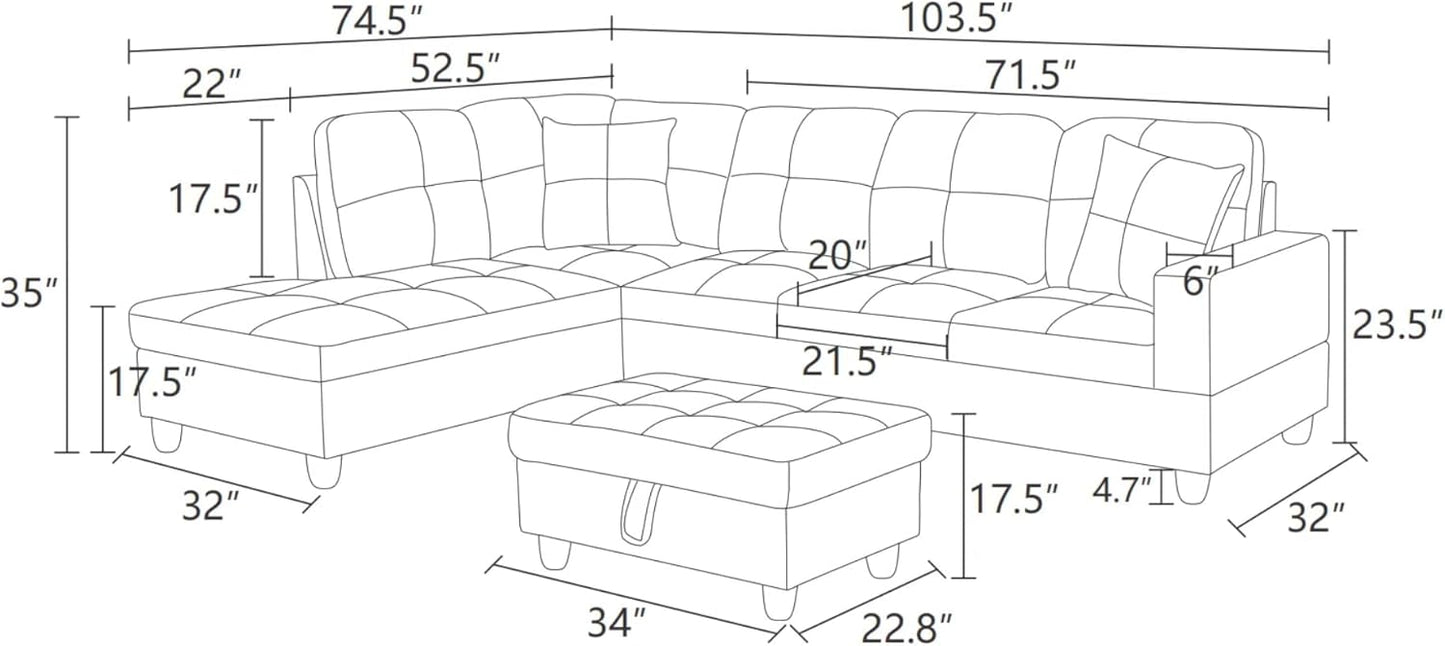 L-Shaped Sectional Sofa with Ottoman, Right-Facing Leather Modern Couch with Cup Holder for Living Room, Bedroom, Office, Glistening White