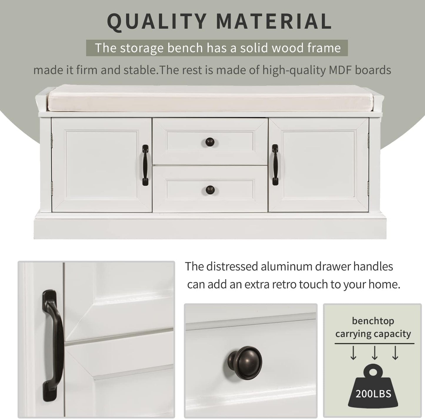 42″ Storage Bench with 2 Drawers and 2 Cabinets，Multipurpose Entryway Shoe Rack W/Removable Cushion，for Living Room Hallway Porch,White