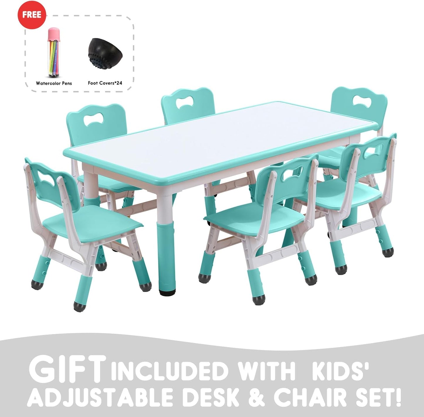 Kids Table and Chairs Set, Height Adjustable Desk With 6 Seats for Ages 2-12,Arts & Crafts Table,Graffiti Desktop, Non-Slip Legs, Max 300lbs, Children Multi-Activity Table for Classrooms,Daycares,Home