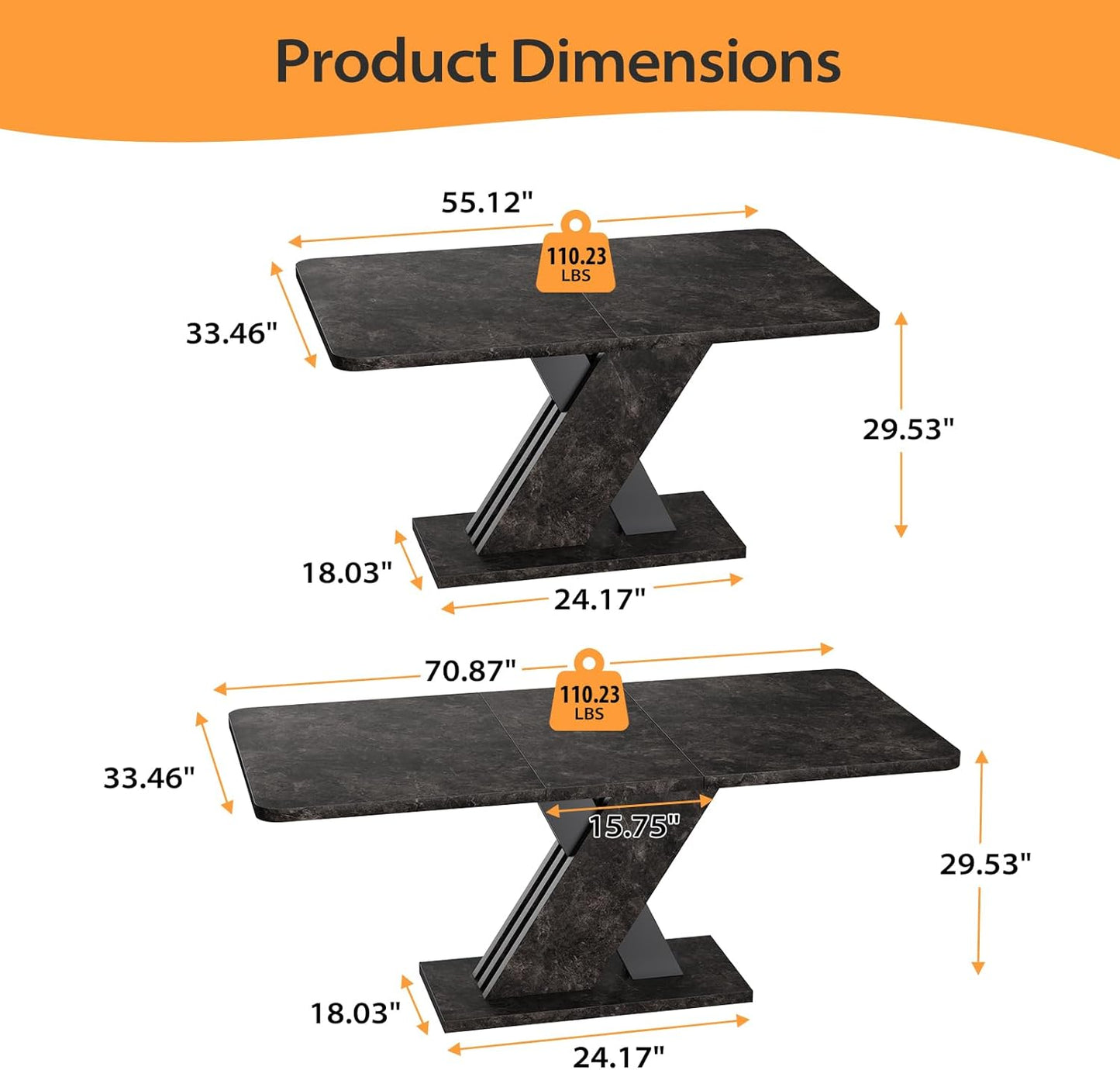 55"-70.87" Expandable Dining Table, Dinner Table for 4-8, Farmhouse Kitchen Table with X-Shaped Design Base, Rectangular Long Kitchen Table with Metal Track for Dining Room, Office-Marble